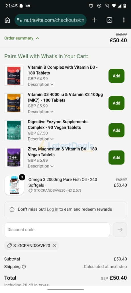 Screenshot of the Nutravita discount code working