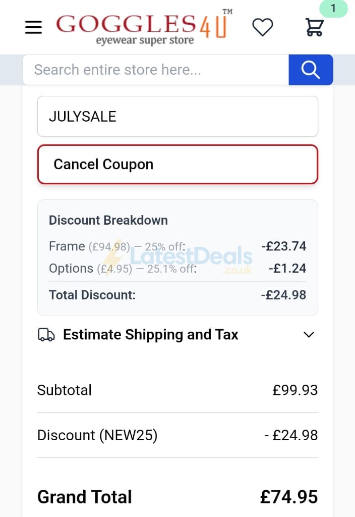 Screenshot of the Goggles4u discount code working