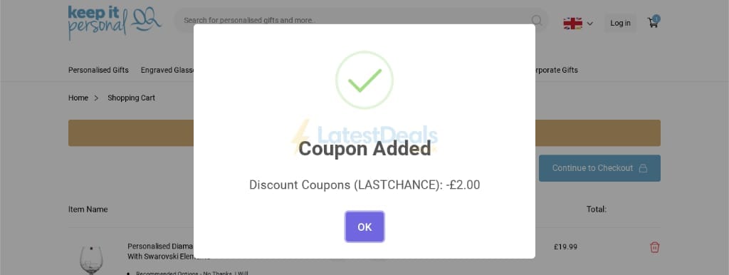 Screenshot of the Keep It Personal discount code working
