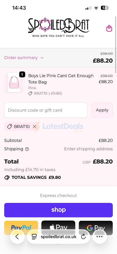 Screenshot of the Spoiled Brat discount code working