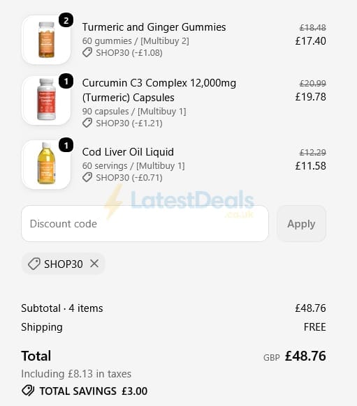 Screenshot of the SimplySupplements discount code working