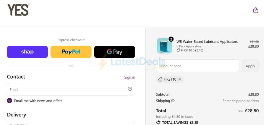 Screenshot of the Yesyesyes discount code working