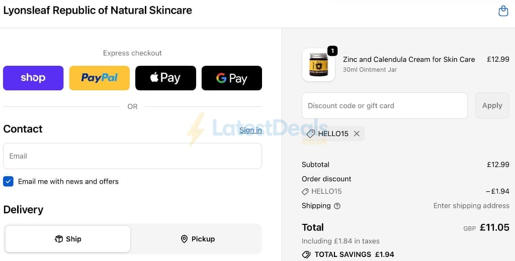 Screenshot of the Lyonsleaf discount code working