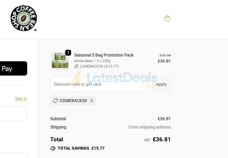Screenshot of the Coffee Bean Shop discount code working