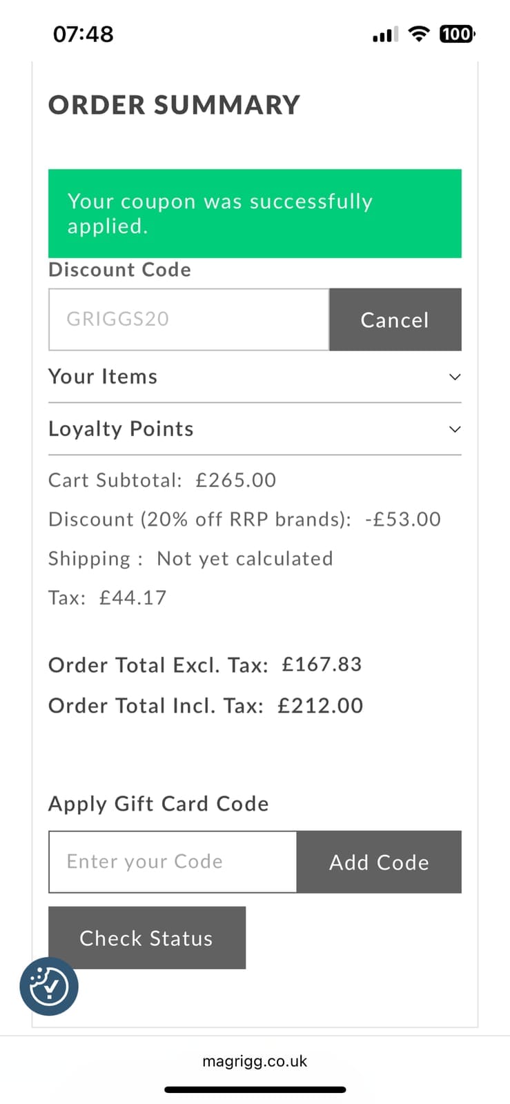 Screenshot of the Griggs discount code working