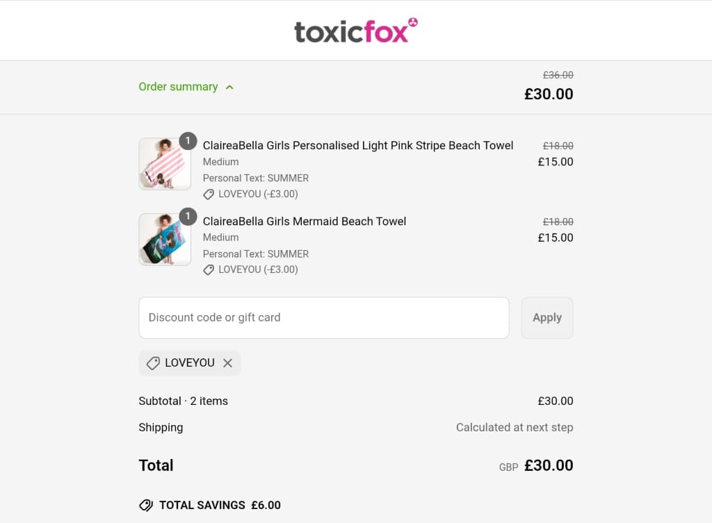 Screenshot of the Toxicfox discount code working
