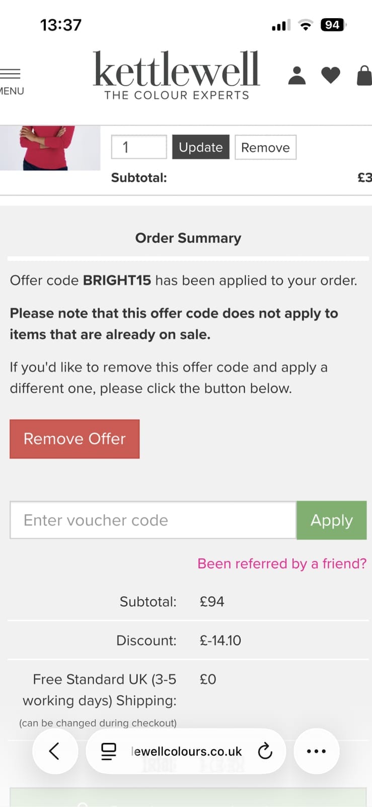 Screenshot of the Kettlewell discount code working