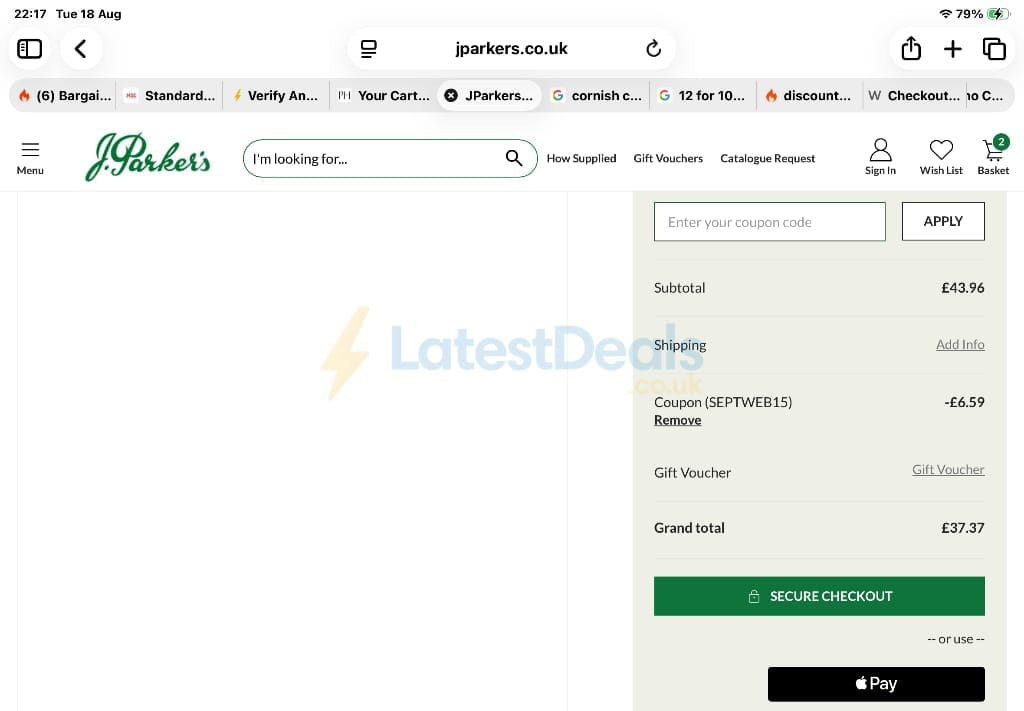 Screenshot of the J Parkers discount code working