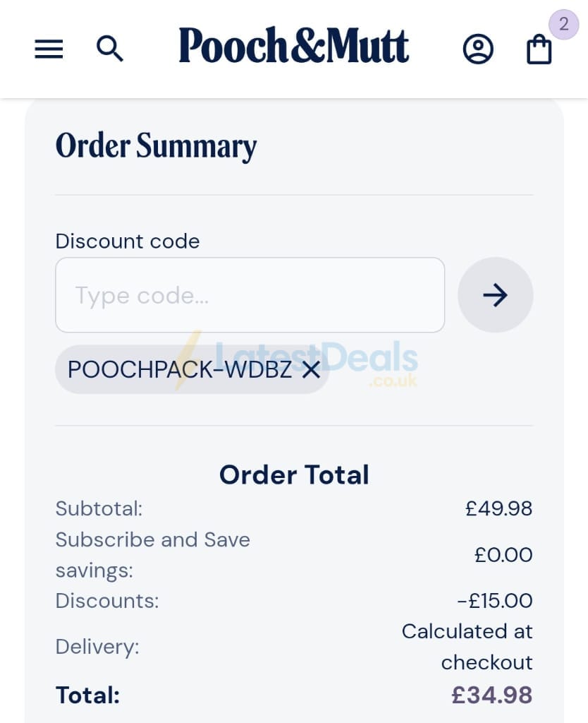 Screenshot of the Pooch & Mutt discount code working