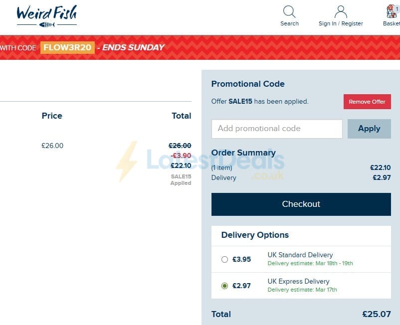 Screenshot of the Weird Fish discount code working