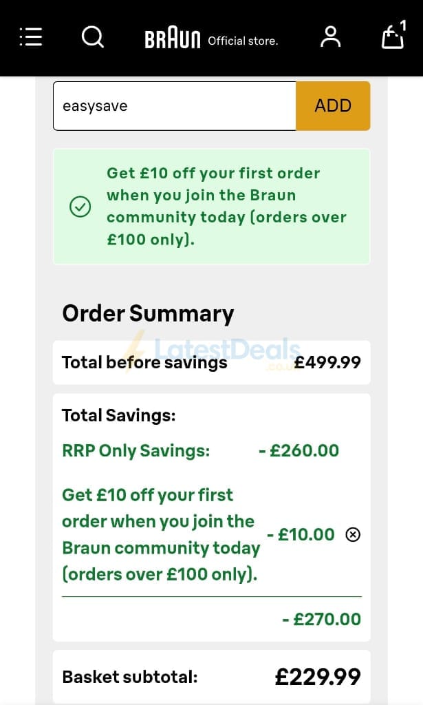 Screenshot of the Braun discount code working