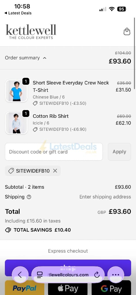 Screenshot of the Kettlewell discount code working