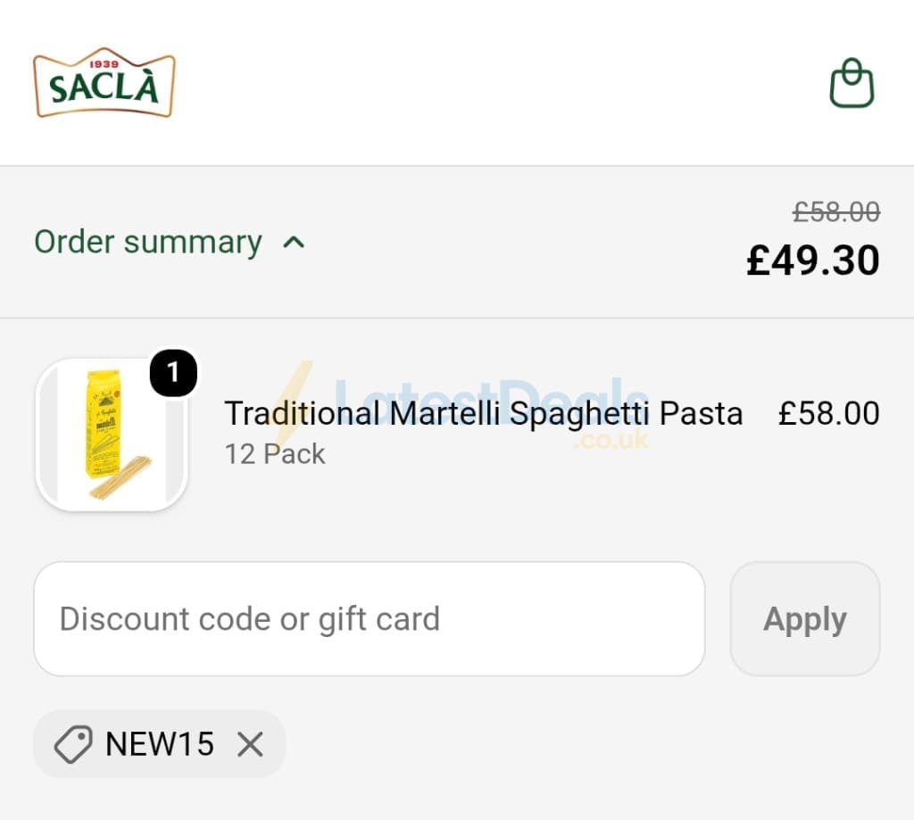 Screenshot of the Sacla discount code working