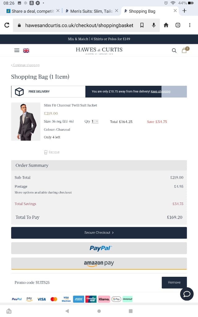 Screenshot of the Hawes & Curtis discount code working