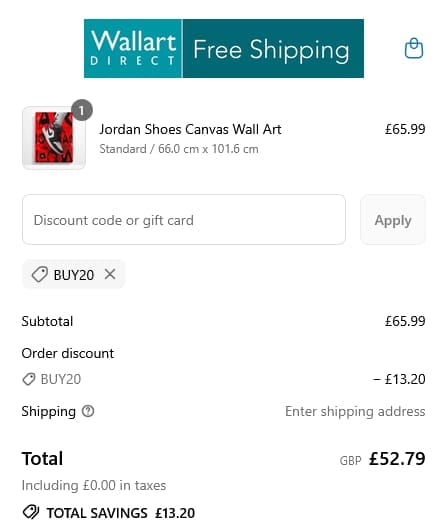 Screenshot of the Wall Art Direct discount code working