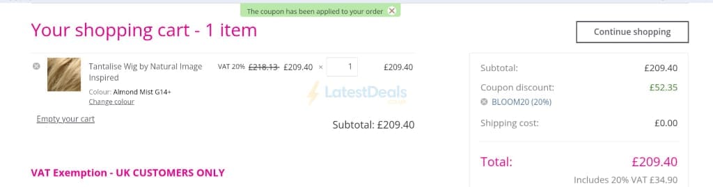 Screenshot of the hothair discount code working