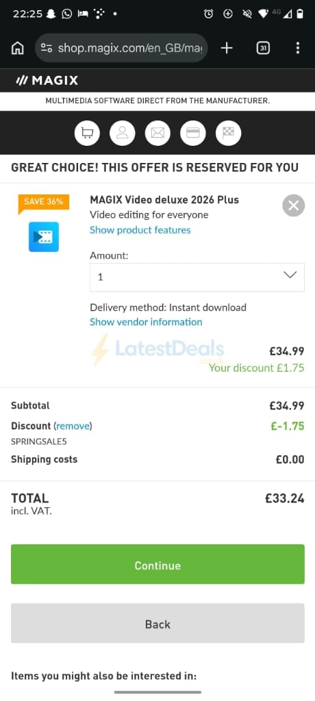 Screenshot of the Magix discount code working