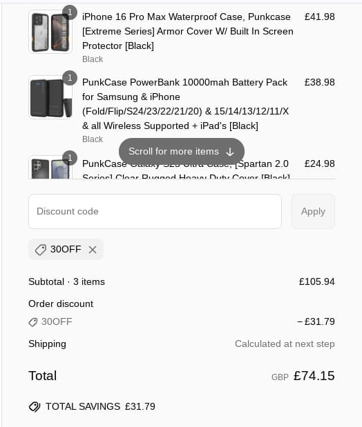 Screenshot of the Punkcases discount code working