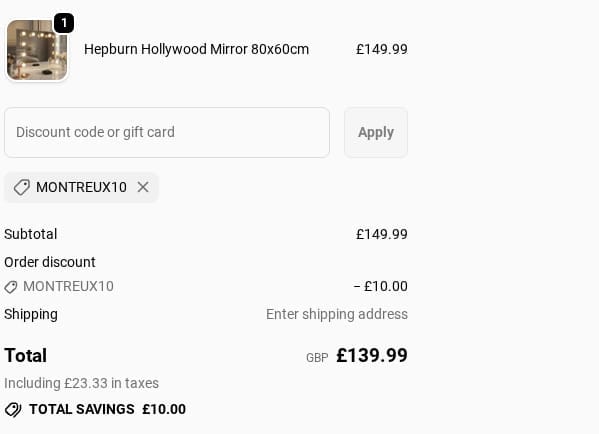Screenshot of the Hollywood Mirrors discount code working