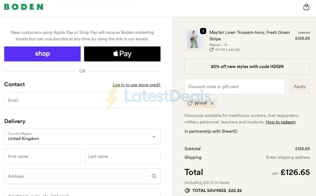 Screenshot of the BODEN discount code working