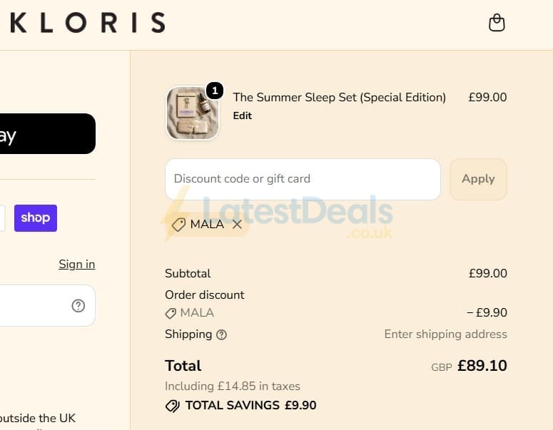 Screenshot of the Kloris discount code working