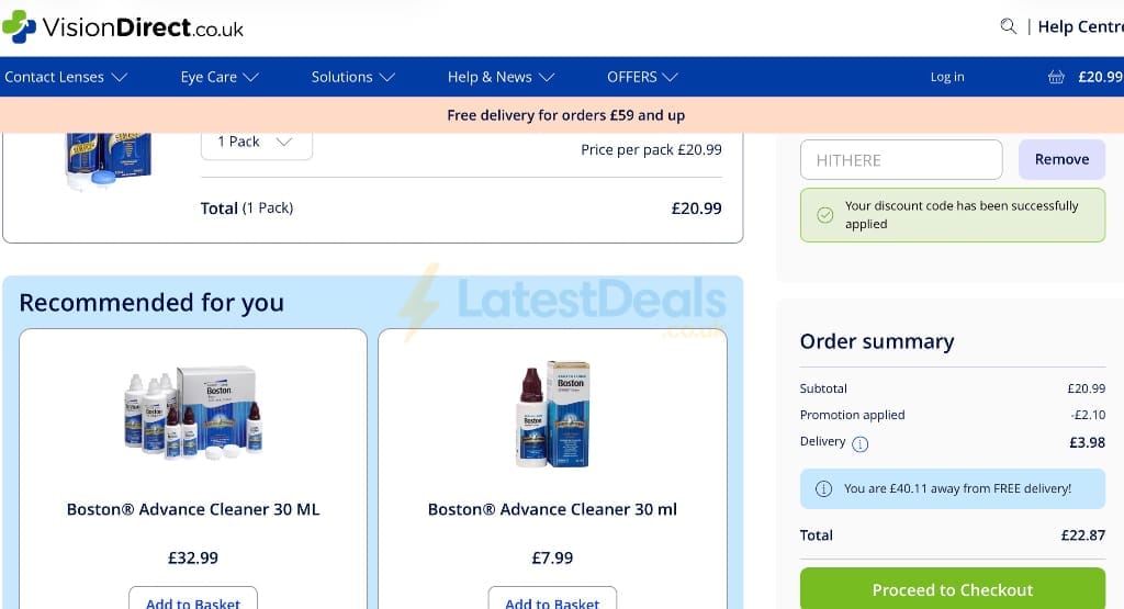 Screenshot of the Vision Direct discount code working