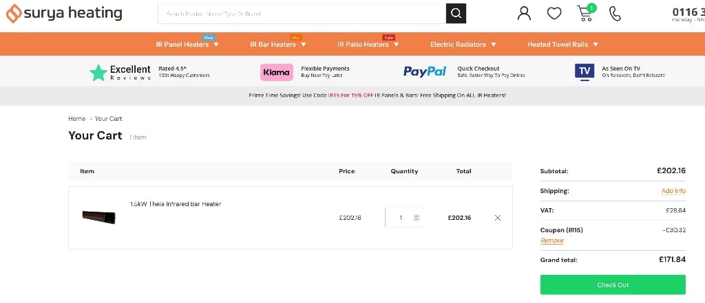 Screenshot of the Surya Heating discount code working