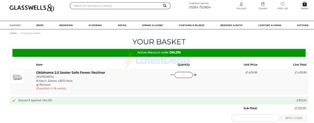 Screenshot of the Glasswells discount code working