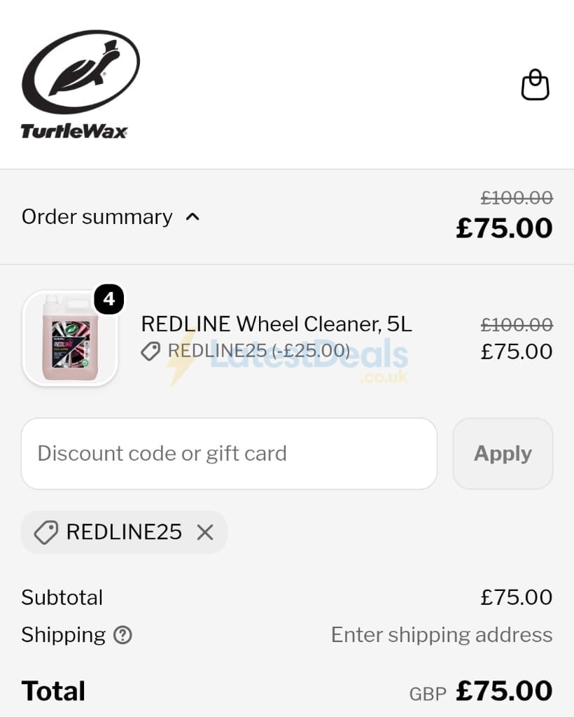 Screenshot of the Turtlewax discount code working