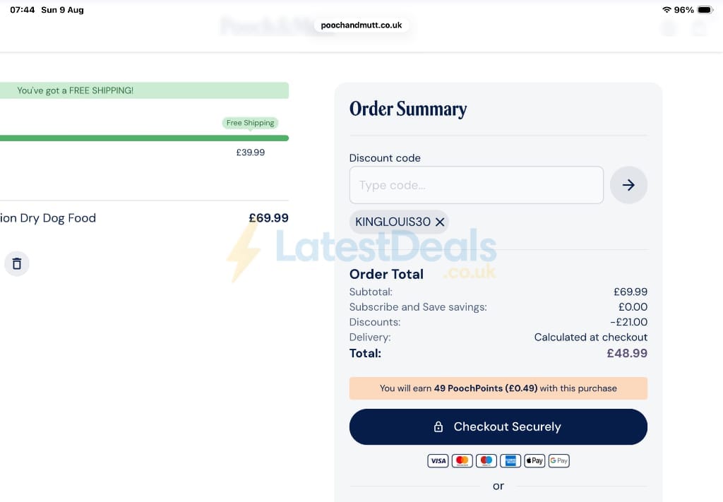 Screenshot of the Pooch & Mutt discount code working