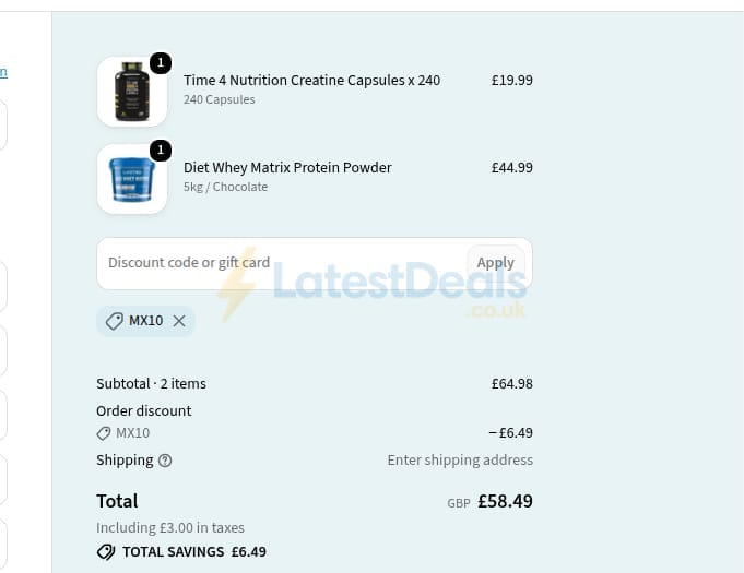 Screenshot of the Matrix Nutrition discount code working