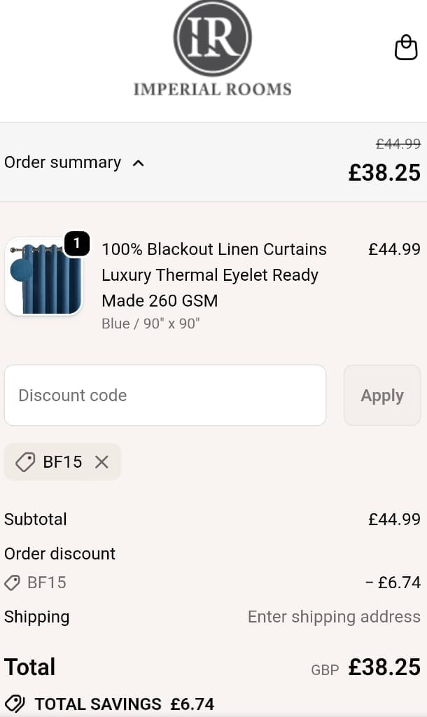 Screenshot of the Imperial Rooms discount code working