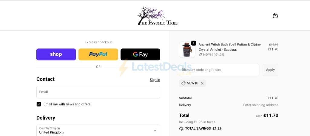 Screenshot of the The Psychic Tree discount code working