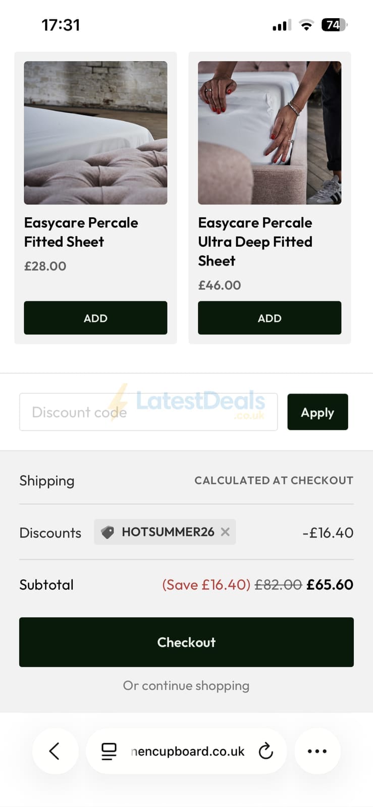 Screenshot of the Linen Cupboard discount code working