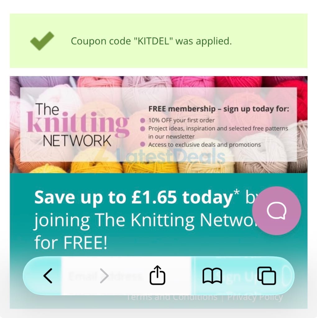 Screenshot of the The Knitting Network discount code working