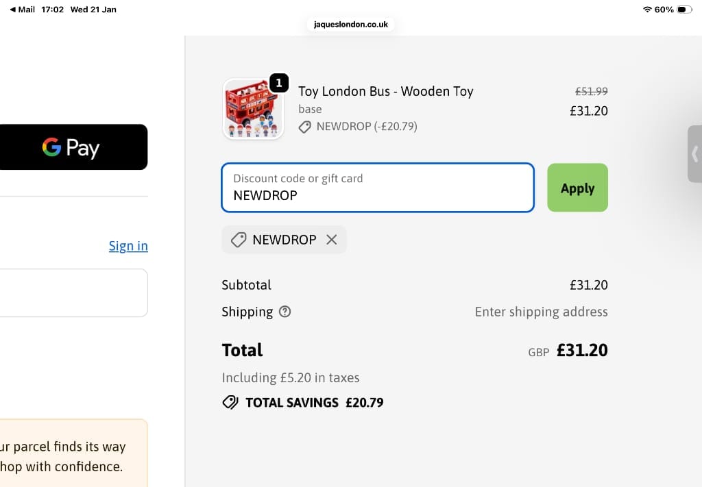 Screenshot of the Jaques London discount code working