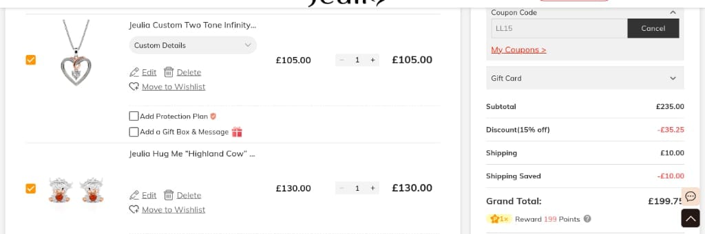Screenshot of the Jeulia discount code working