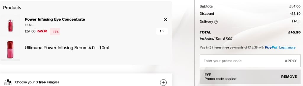 Screenshot of the Shiseido discount code working
