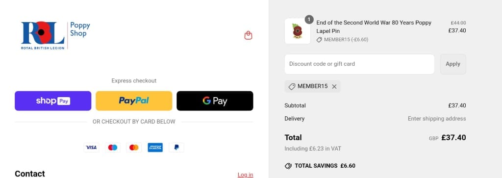 Screenshot of the Poppy Shop discount code working