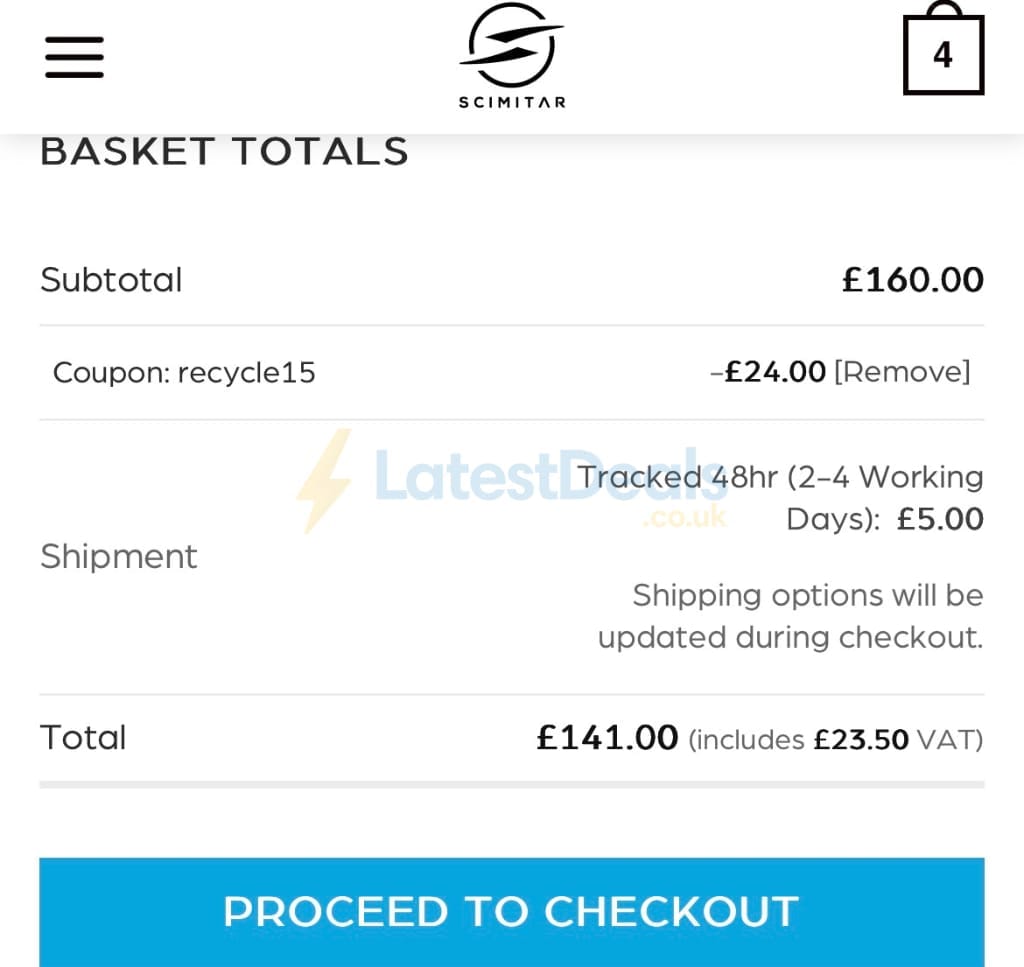 Screenshot of the Scimitar Sportswear discount code working