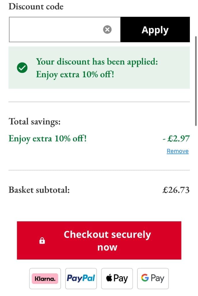 Screenshot of the Kickers discount code working