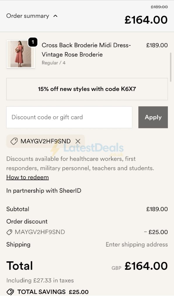 Screenshot of the BODEN discount code working