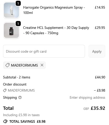 Screenshot of the Harrogate Organics discount code working