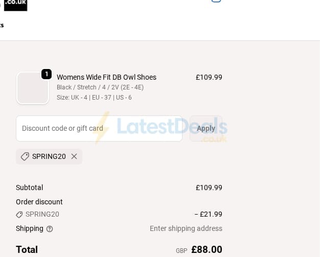 Screenshot of the Wide Fit Shoes discount code working
