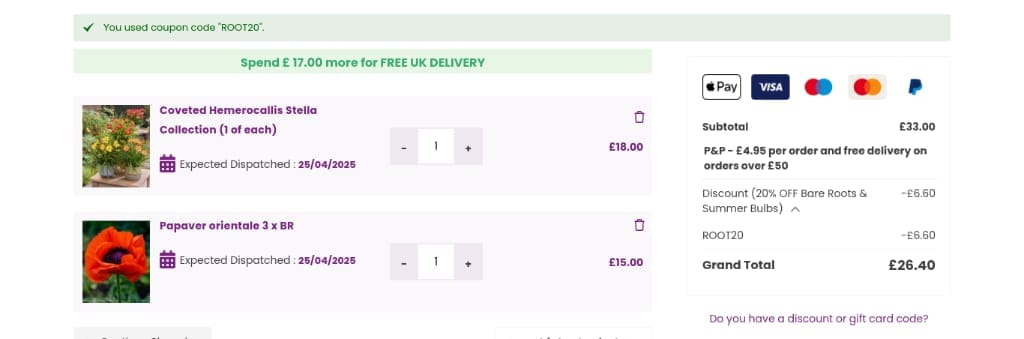 Screenshot of the Hayloft discount code working
