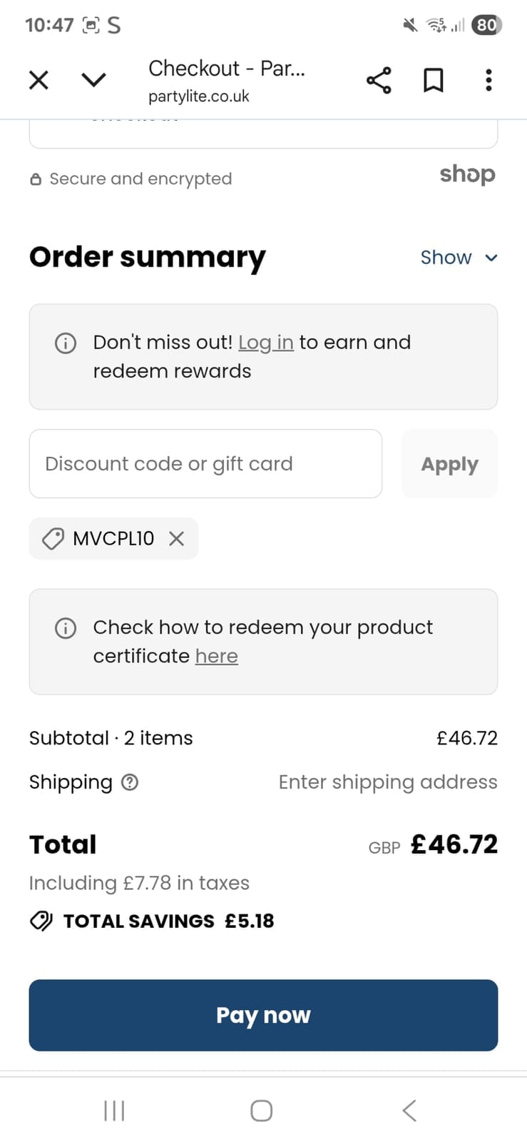 Screenshot of the PartyLite discount code working