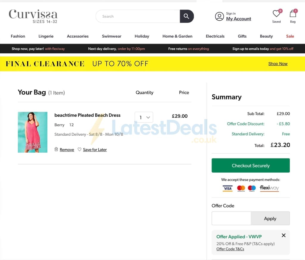 Screenshot of the Curvissa discount code working