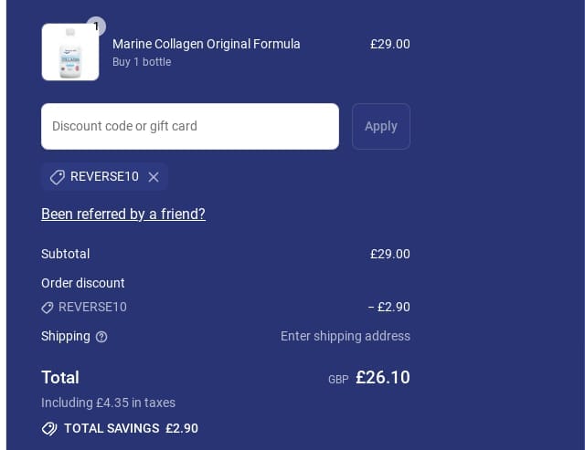 Screenshot of the Reverse Life discount code working