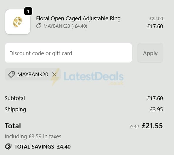 Screenshot of the Orelia discount code working