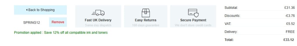 Screenshot of the 999Inks discount code working